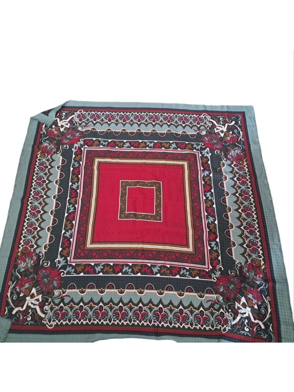 VTG LARGE square scarf reds greys raw edge coastal shabby chic lightweight ITALY